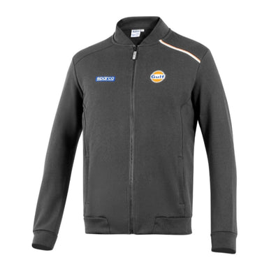 Grey Full-Zip Softshell (front view) — features a smooth, water-repellent grey shell, full-length zip, zippered hand pockets, and Gulf & Sparco logos.